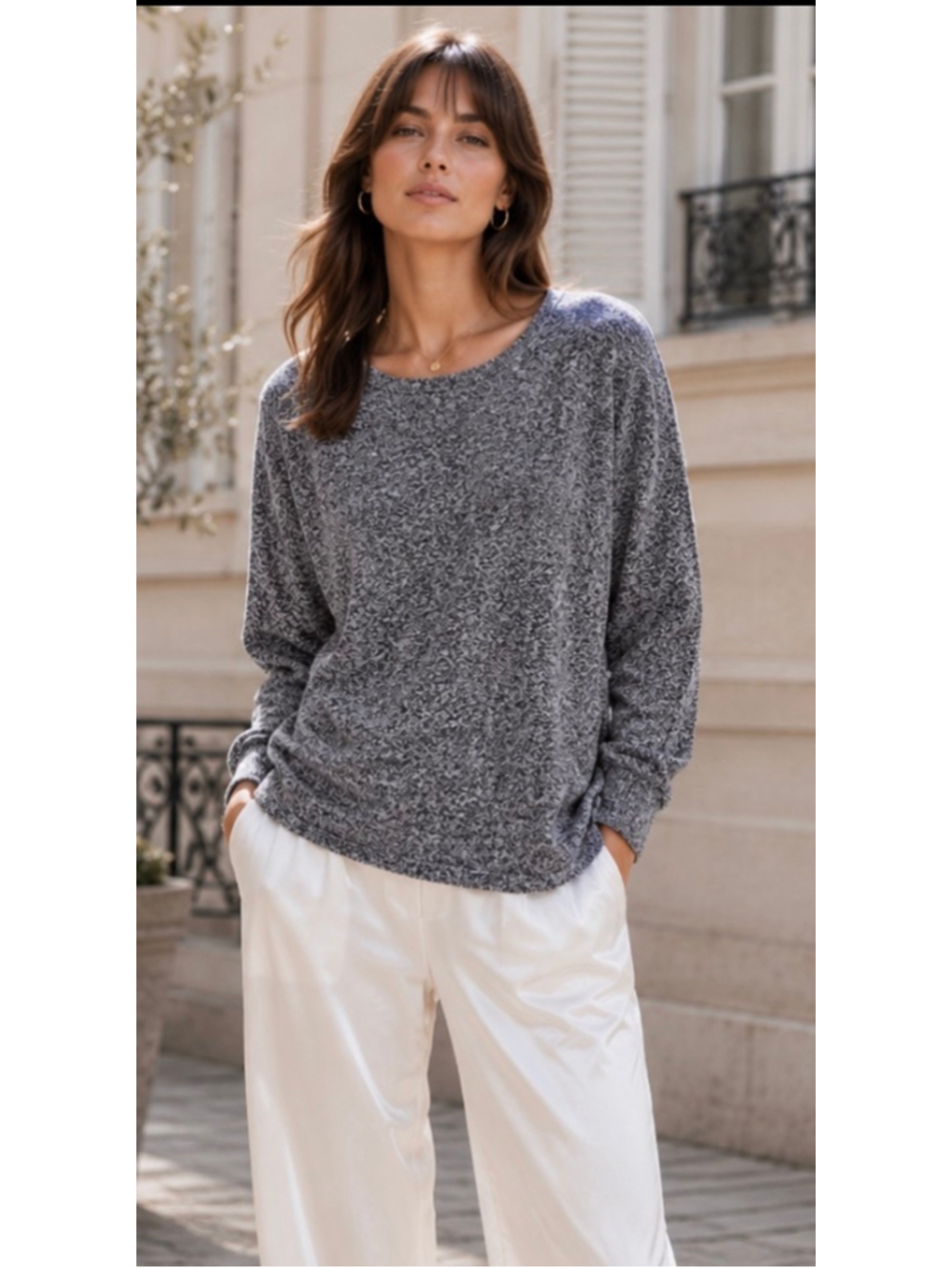 Women's Garnet Hill 100% Cashmere Crew Neck Sweater Grey White Size M New